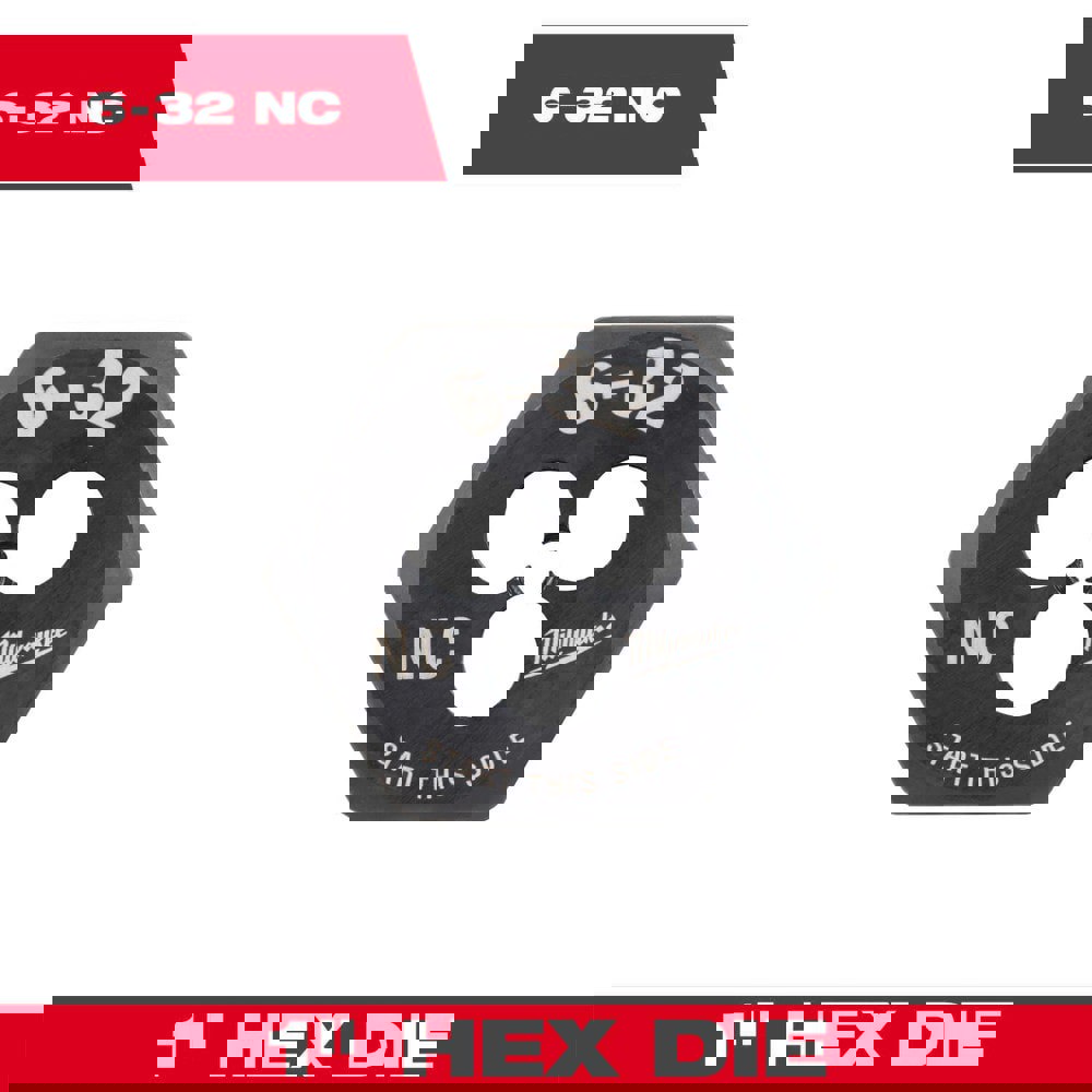Hex Rethreading Dies; Thread Size (Inch): #6-32 ; Material: Carbon Steel ; Thread Direction: Right Hand ; Thread Standard: UNC ; Series: Hex-LOK ; Hex Size (Decimal Inch): 1.0000